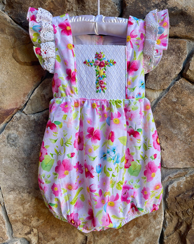 *Amazing Grace Easter Smocked Floral Cross Short Bubble