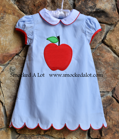 *Back to School Apple Dress with collar- Blue/Red