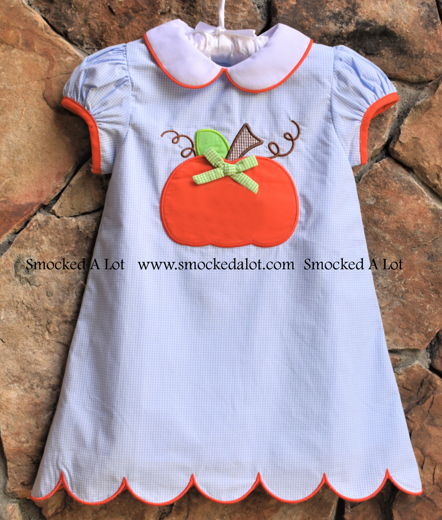 *Fall Pumpkin Dress with collar, scalloped hem- Blue/Orange.  Thanksgiving