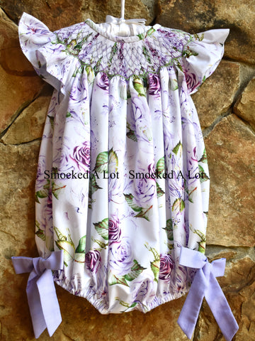 *Purple Floral Smocked Bubble with side bows