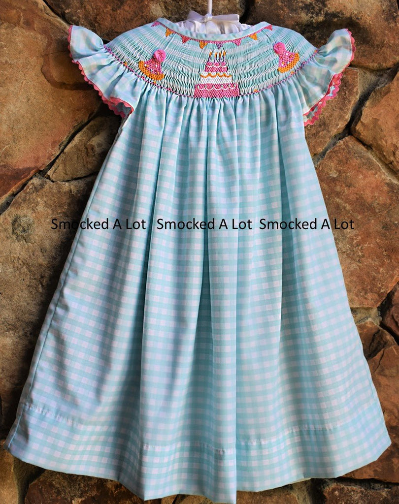 Birthday Smocked Bishop Dress- Aqua Gingham with Cake, Birthday Presents, and Balloons - Smocked A Lot, LLC