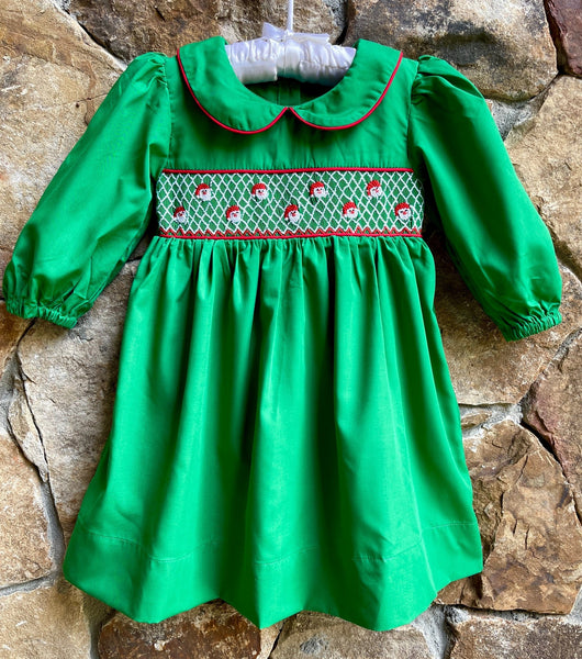**Emerald Green Christmas Smocked Santa Dress with peter pan collar