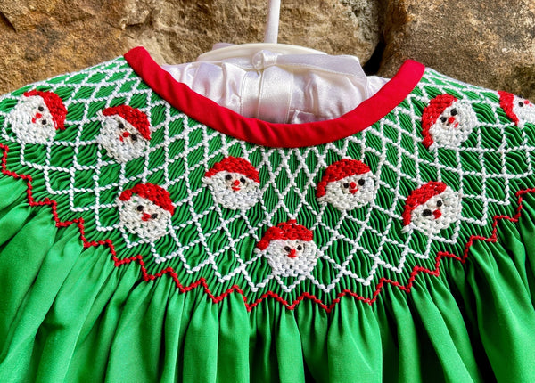 Emerald Green Smocked Christmas Santa Bishop Dress - Smocked A Lot, LLC