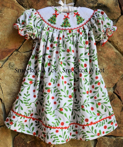 **Holly Berry Smocked Christmas Tree Bishop Dress