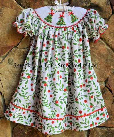 Holly Berry Smocked Christmas Tree Bishop Dress - Smocked A Lot, LLC