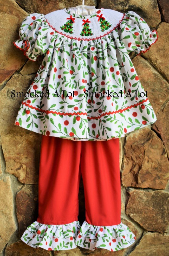 Holly Berry Smocked Christmas Tree Ruffled Pants Set - Smocked A Lot, LLC