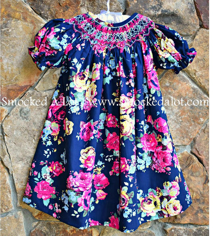Navy Floral Bishop Smocked Dress - Smocked A Lot, LLC