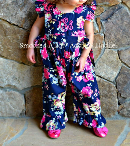 Navy Floral Monogrammed Ruffled Romper - Smocked A Lot, LLC