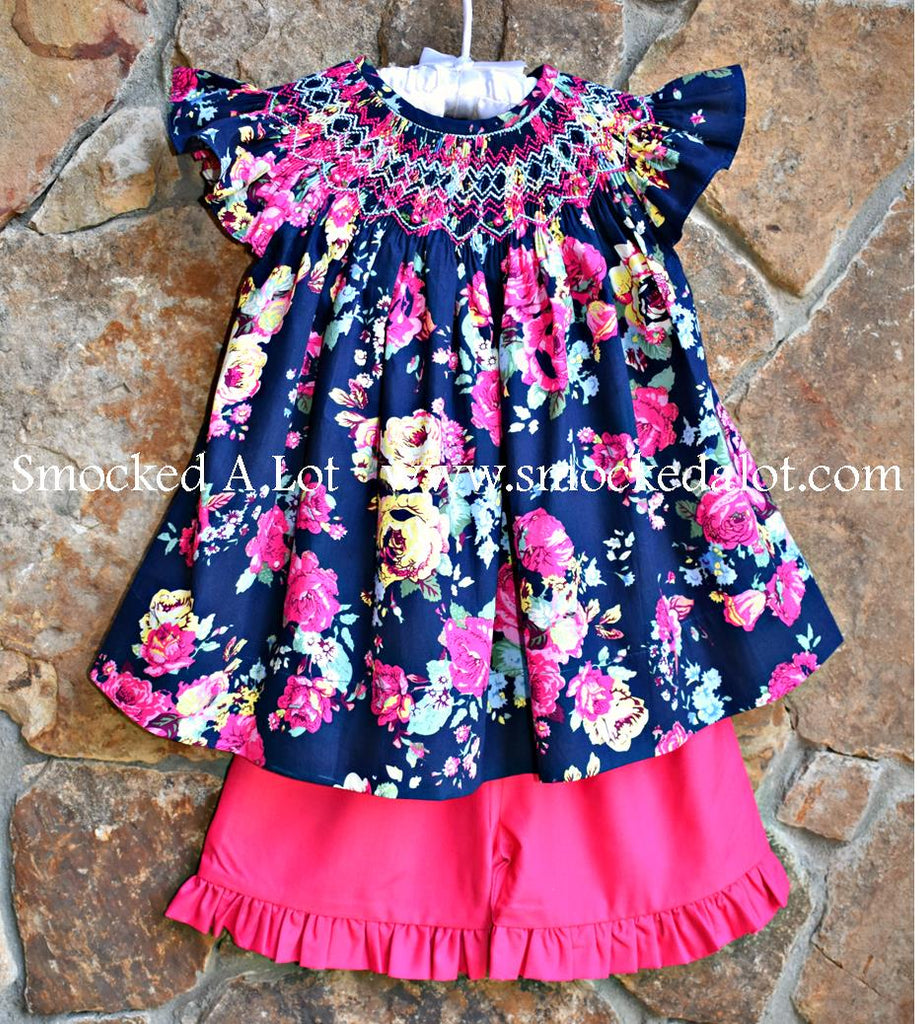 Navy Floral Smocked Shorts Set with flutter sleeves - Smocked A Lot, LLC