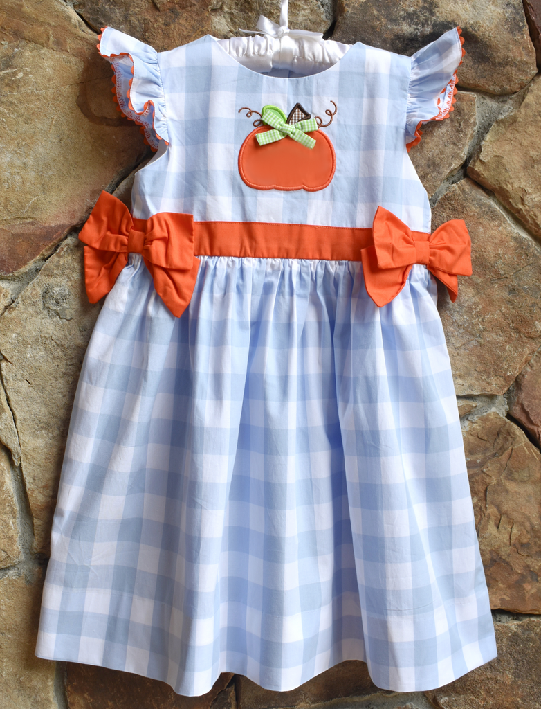 Fall Pumpkin Dress with side bows- Blue/Orange. Thanksgiving Smocked A Lot, LLC Fall Pumpkin Dress with side bows- Blue/Orange. Thanksgiving Smocked A Lot, LLC