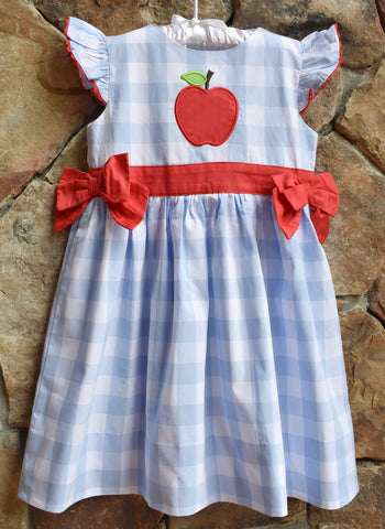 *Back to School Apple Dress with side ties- Blue/Red