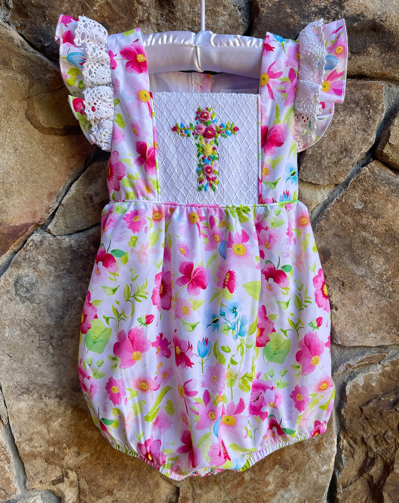 Amazing Grace Easter Smocked Floral Cross Short Bubble