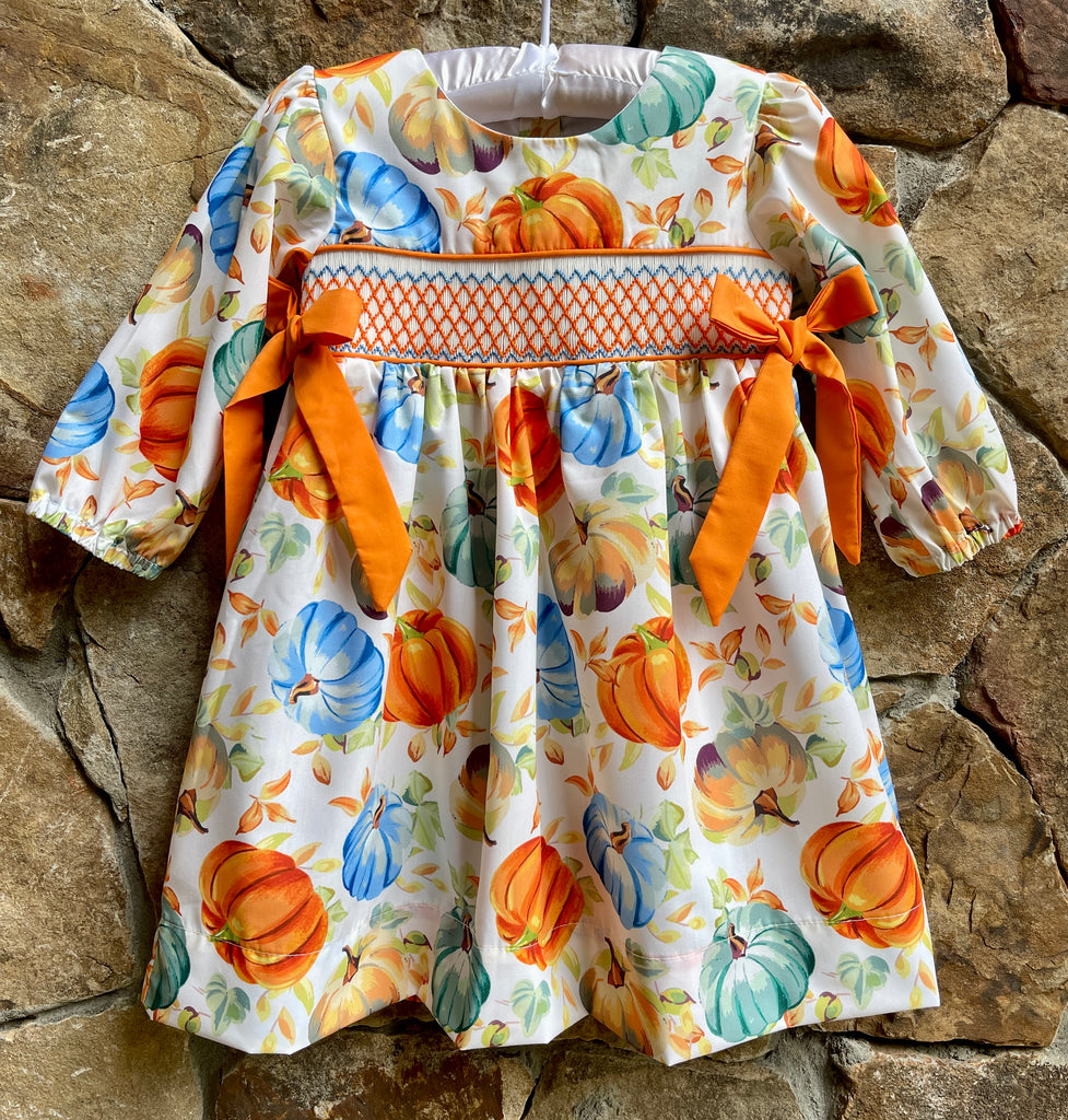 Smocked Classic Thanksgiving Fall Pumpkin Dress Smocked A Lot, LLC Smocked Classic Thanksgiving Fall Pumpkin Dress Smocked A Lot, LLC