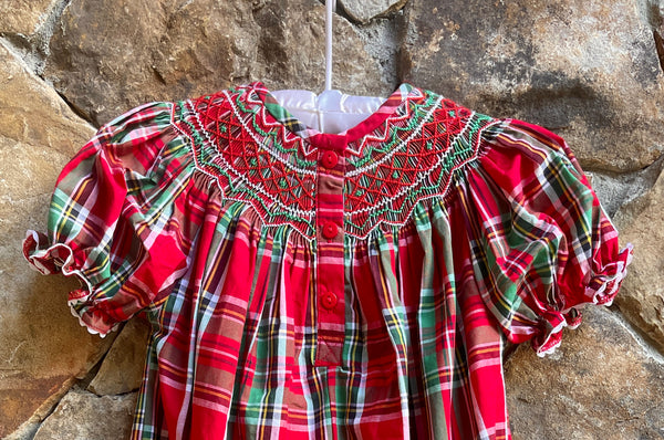 *Plaid Classic Tartan Smocked Christmas long bubble