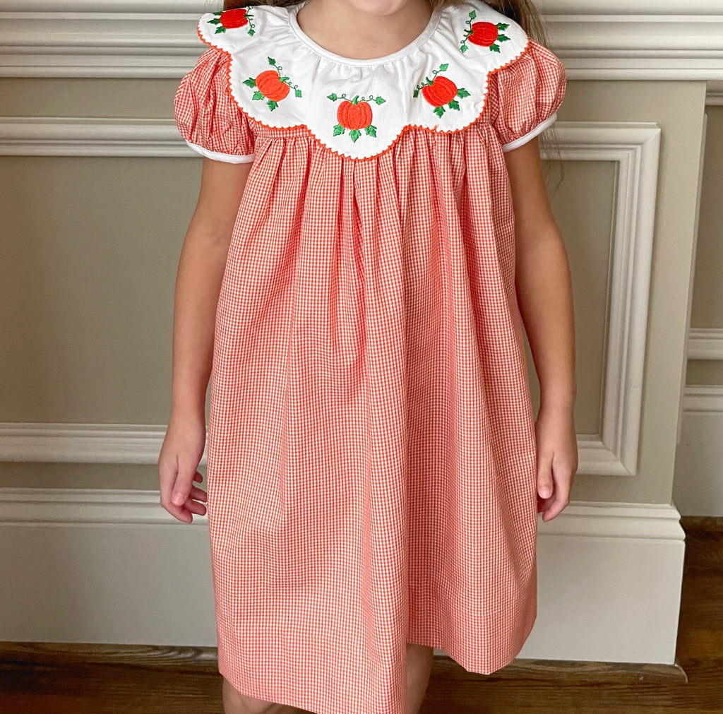 Pumpkin Thanksgiving Dress with Scalloped Collar- Orange Gingham Smocked A Lot, LLC Pumpkin Thanksgiving Dress with Scalloped Collar- Orange Gingham Smocked A Lot, LLC