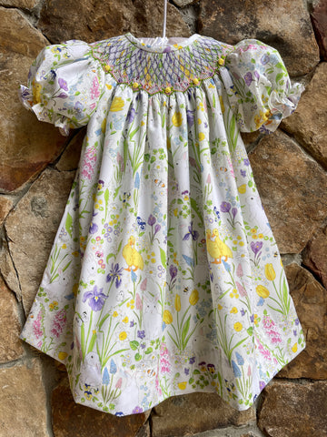 Easter Smocked Bunny Ducks Floral Bishop Dress