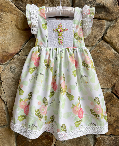 Easter Smocked Floral Cross Dress with Lace-ties in back