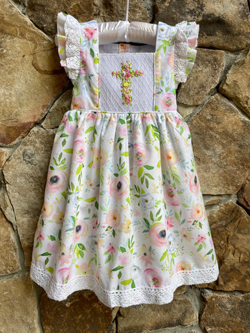 Easter Amazing Grace Smocked Floral Cross Dress with Lace-ties in back