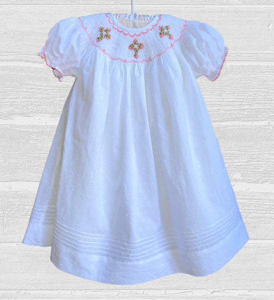 Smocked White Classic Floral Cross Bishop Dress- Swiss Dot