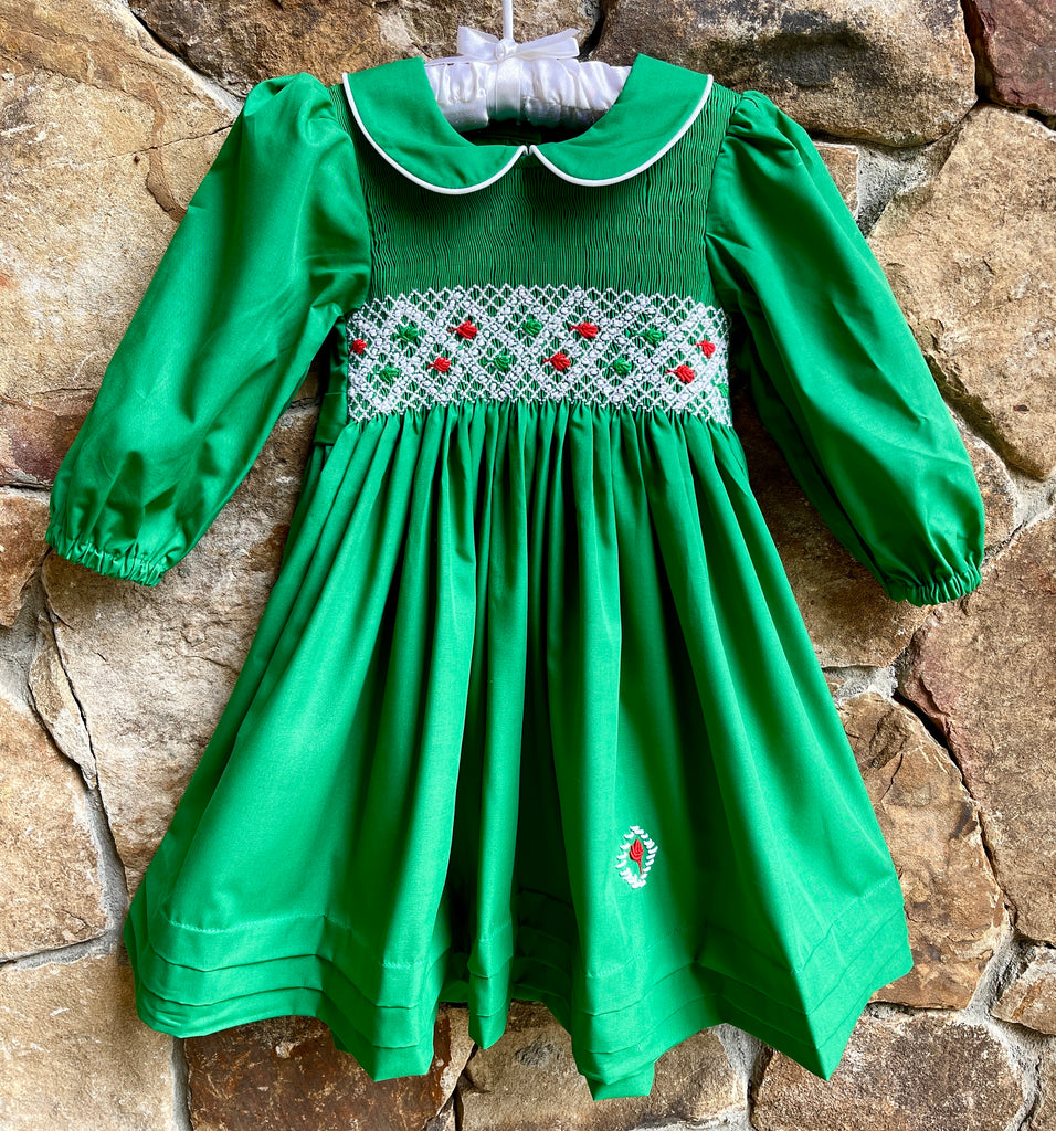 Classic Christmas Smocked Green Christmas Dress with peter pan colla Smocked A Lot, LLC Classic Christmas Smocked Green Christmas Dress with peter pan colla Smocked A Lot, LLC