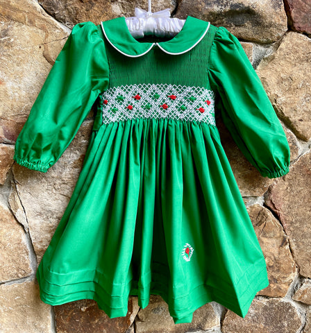 **Classic Christmas Smocked Green Christmas Dress with peter pan colla Smocked A Lot, LLC **Classic Christmas Smocked Green Christmas Dress with peter pan colla Smocked A Lot, LLC