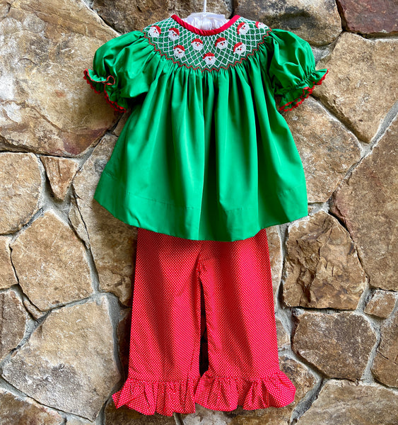 Emerald Green Smocked Christmas Santa Ruffled Pants Set