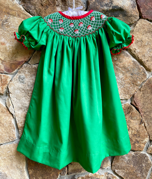 *Emerald Green Smocked Christmas Santa Bishop Dress*=