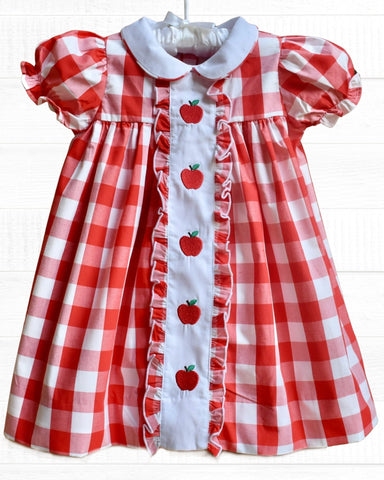 Back to School Apple Dress with Peter Pan collar- Red Gingham - Smocked A Lot, LLC