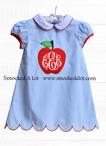 Back to School Apple Monogrammed Dress with collar- Blue/Red - Smocked A Lot, LLC