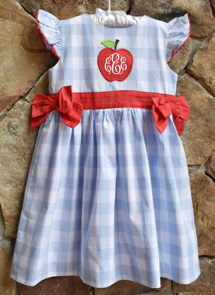 Back to School Apple Monogrammed Dress with side ties- Blue/Red - Smocked A Lot, LLC