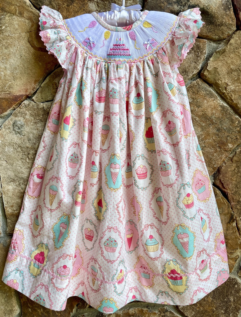 Birthday Smocked Bishop Dress- Ice Cream, Cake, Cupcake Fabric Smocked A Lot, LLC Birthday Smocked Bishop Dress- Ice Cream, Cake, Cupcake Fabric Smocked A Lot, LLC