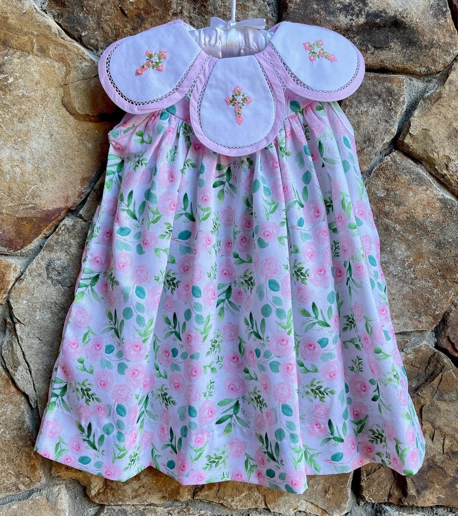 Blessed Redeemer Easter Floral Cross Dress with Scalloped Collar - Smocked A Lot, LLC