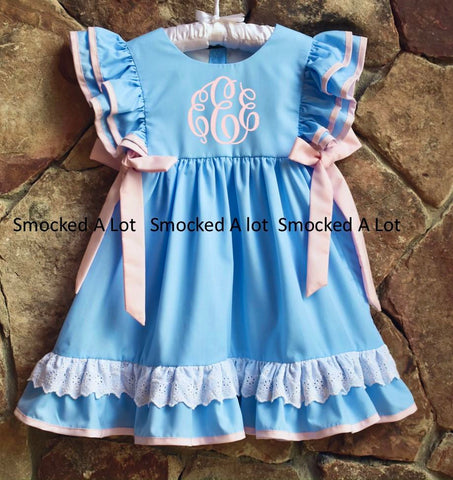 Blue/Pink Monogrammed Molly Dress with Lace and Side Bows