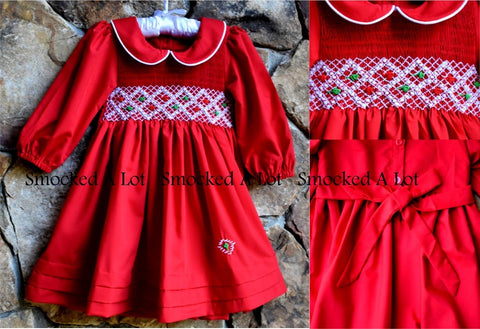 Classic Christmas Smocked Red Christmas Dress with peter pan collar - Smocked A Lot, LLC