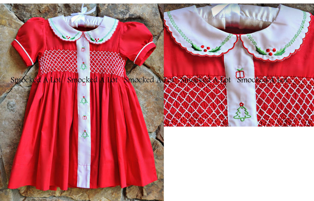 Classic Christmas Smocked/Embroidered Red Dress with peter pan collar - Smocked A Lot, LLC