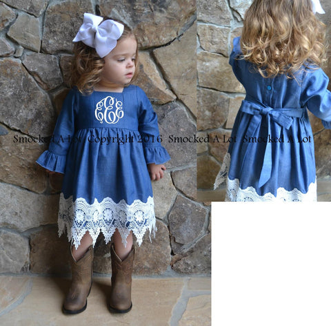 Denim and Lace Monogrammed Dress - Smocked A Lot, LLC