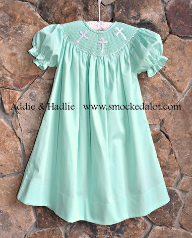 Smocked Mint Cross Easter Bishop Dress