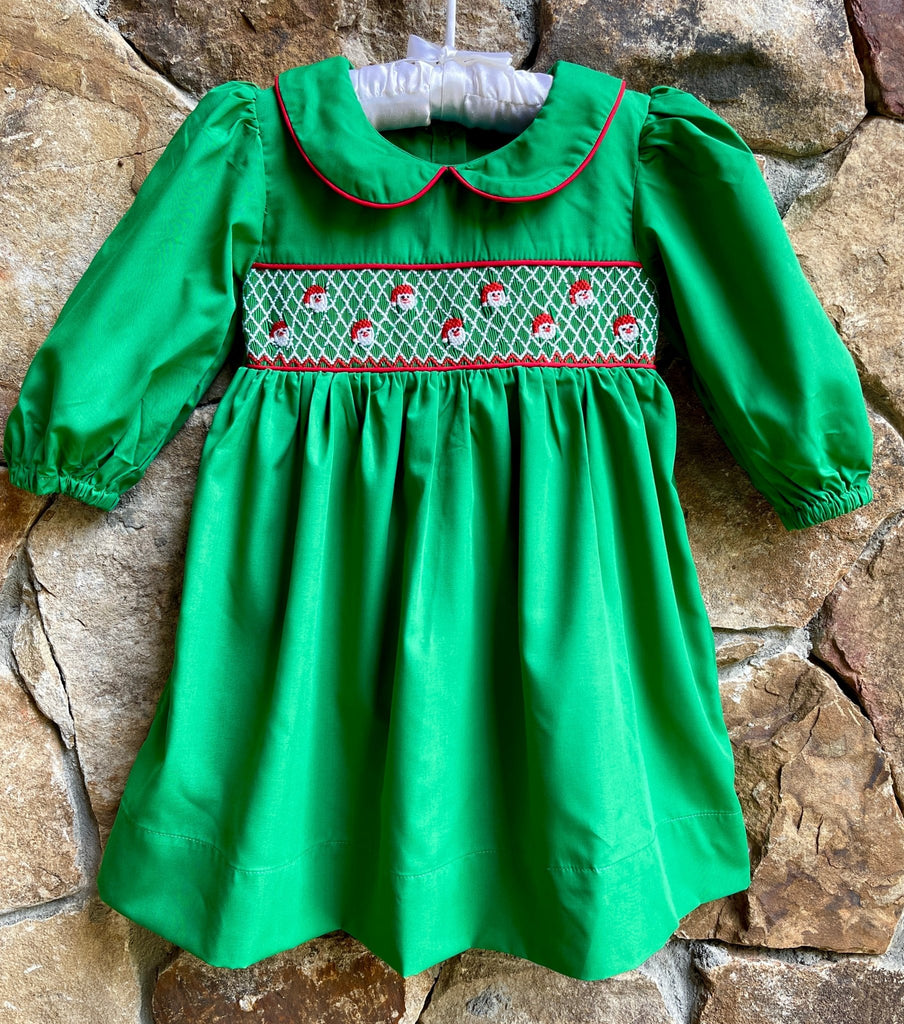 Emerald Green Christmas Smocked Santa Dress with peter pan collar - Smocked A Lot, LLC