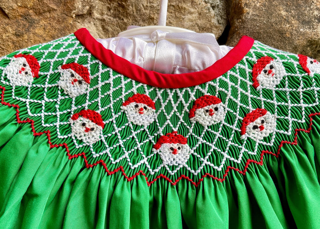 Emerald Green Smocked Christmas Santa Ruffled Pants Set Smocked A Lot, LLC Emerald Green Smocked Christmas Santa Ruffled Pants Set Smocked A Lot, LLC