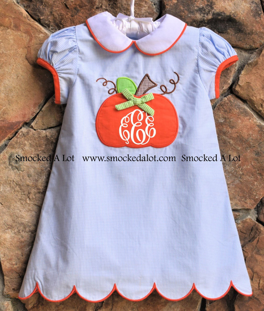 Fall Pumpkin Monogrammed Dress with collar, scalloped hem- Blue/Orange. Thanksgiving - Smocked A Lot, LLC