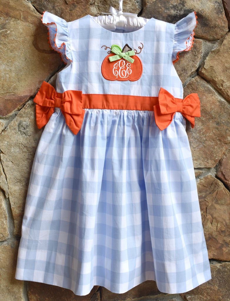 Fall Pumpkin Monogrammed Dress with side bows- Blue/Orange. Thanksgiving - Smocked A Lot, LLC