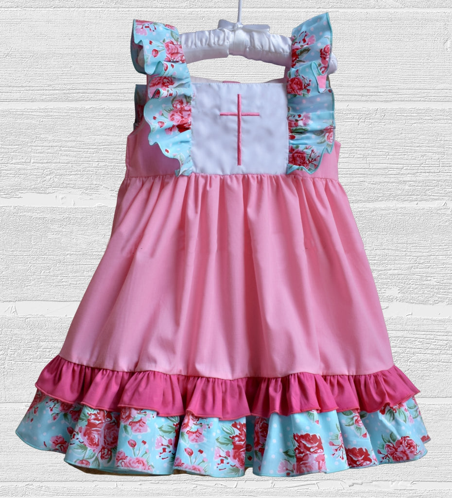 Floral Easter Cross Dress- Blue/Pink - Smocked A Lot, LLC