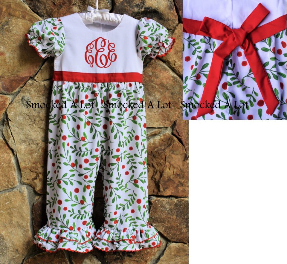 Holly Berry Monogrammed Christmas Ruffled Romper - Smocked A Lot, LLC