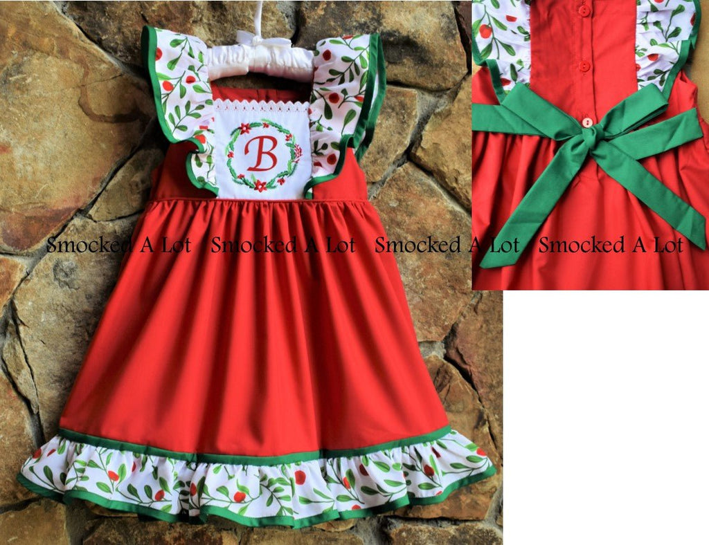 NO MONOGRAM Holly Berry Monogrammed Christmas Wreath Dress with sash Smocked A Lot, LLC NO MONOGRAM Holly Berry Monogrammed Christmas Wreath Dress with sash Smocked A Lot, LLC