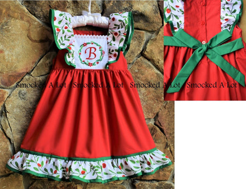 Holly Berry Monogrammed Christmas Wreath Dress with sash - Smocked A Lot, LLC