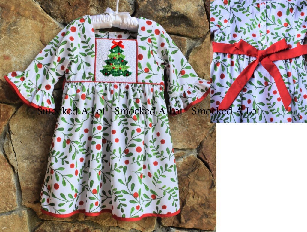 Holly Berry Smocked Christmas Tree Dress with sash - Smocked A Lot, LLC