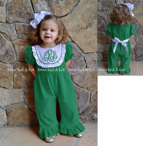 Monogrammed Christmas Green/White Bib Ruffled Romper - Smocked A Lot, LLC