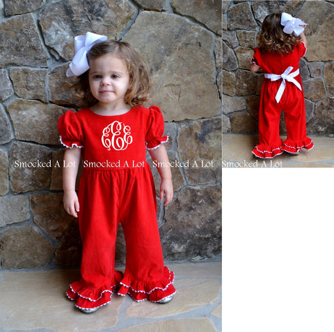 Monogrammed Christmas Red Solid Ruffled Romper - Smocked A Lot, LLC