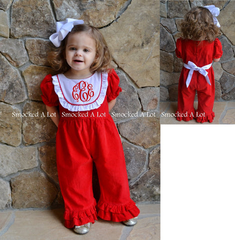 Monogrammed Christmas Red/White Bib Ruffled Romper - Smocked A Lot, LLC