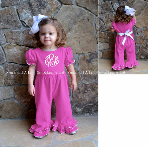Monogrammed Pink Solid Ruffled Romper - Smocked A Lot, LLC